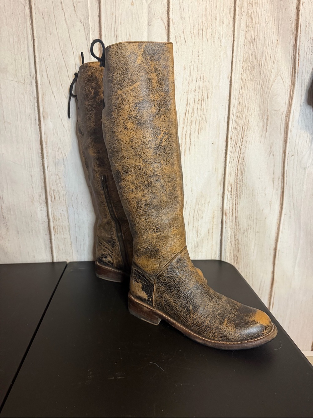 Bed Stu Distressed Leather Tall Knee High Boots with Back Lace-Up Side Zip